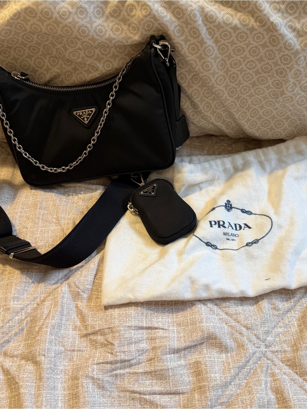 Prada Black Nylon Crossbody Bag with Chain Detail